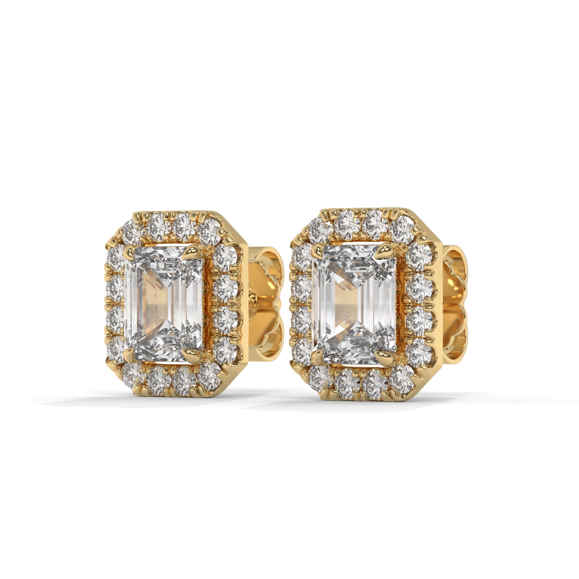 Emerald Halo Lab-Grown Diamond Pave Stud Earrings – E–F VS1/VS2, 14K / 18K Gold Options